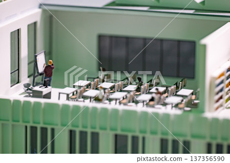 Architectural scale model of a classroom during a lesson with student figurines Architectural scale model of a classroom during a lesson with student figurines 137356590