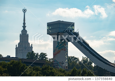 Moscow State University and Sparrow Hills ski jump on a sunny day Moscow State University and Sparrow Hills ski jump on a sunny day 137356640