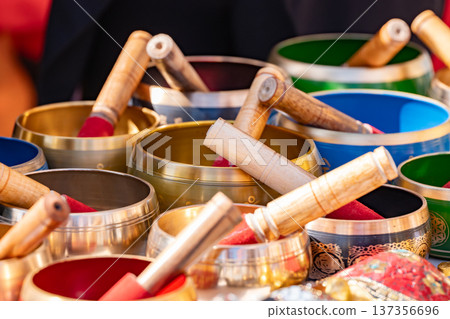 Tibetan singing bowls with mallets for healing and meditation practice Tibetan singing bowls with mallets for healing and meditation practice 137356696
