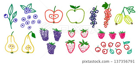 Colored hand drawn fruits and berries set. Crayon doodle apple, strawberry, pear, blueberry. Vector chalk pastel childish drawing. Brush stroke outline sketch collection for icon, menu, sticker, label 137356791