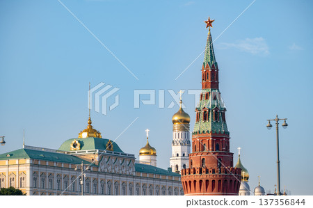 Moscow Kremlin architecture featuring Vodovzvodnaya tower and Grand Kremlin Palace Moscow Kremlin architecture featuring Vodovzvodnaya tower and Grand Kremlin Palace 137356844