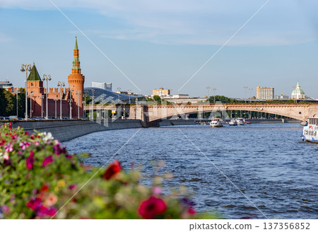 Kremlin towers, Moskva River, and Bolshoy Kamenny Bridge in Moscow city center Kremlin towers, Moskva River, and Bolshoy Kamenny Bridge in Moscow city center 137356852