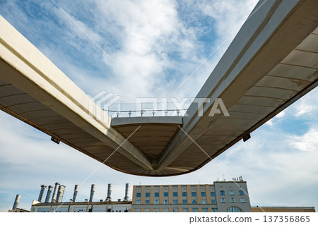 Zaryadye Park floating bridge over city industrial architecture with blue sky Zaryadye Park floating bridge over city industrial architecture with blue sky 137356865