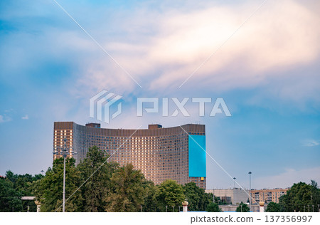 Hotel Cosmos, Moscow, Russia, soviet modernism architecture against a summer sky 137356997