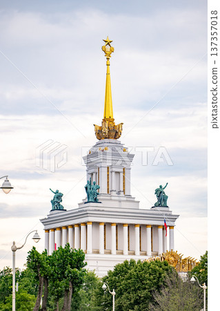 VDNKh Central Pavilion building with spire and gold star in Moscow, Russia VDNKh Central Pavilion building with spire and gold star in Moscow, Russia 137357018