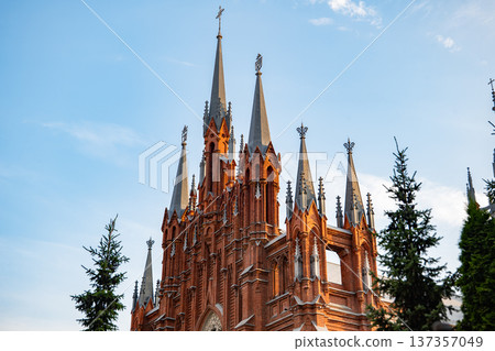 Cathedral of the Immaculate Conception, Moscow, Neo-Gothic architecture against blue sky Cathedral of the Immaculate Conception, Moscow, Neo-Gothic architecture against blue sky 137357049