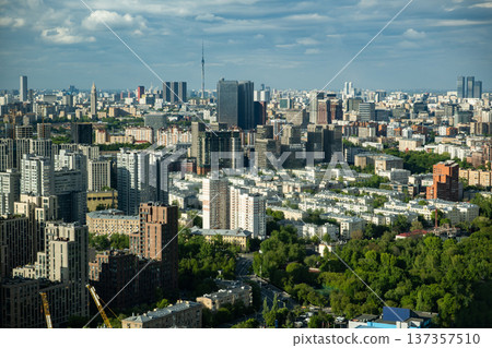 Moscow city skyline with Ostankino Tower, urban buildings, and green parks 137357510