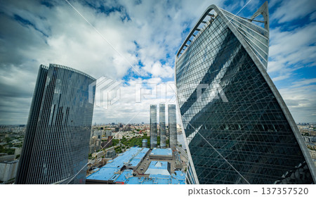 Moscow International Business Center skyline showing modern skyscrapers and cloudy sky 137357520