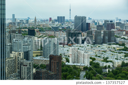 Moscow city skyline featuring Ostankino Tower and urban cityscape on a cloudy day 137357527