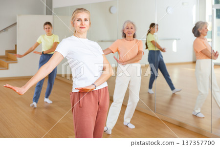 Women enjoying active dances in modern dance studio Women enjoying active dances in modern dance studio 137357700