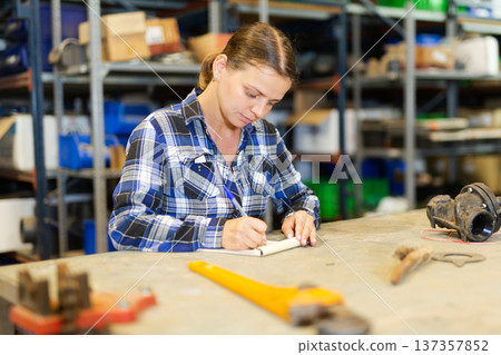 Portrait of thoughtful young woman worker checking order list Portrait of thoughtful young woman worker checking order list 137357852