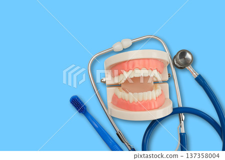 Showing dental model and tools for tooth care instruction 137358004