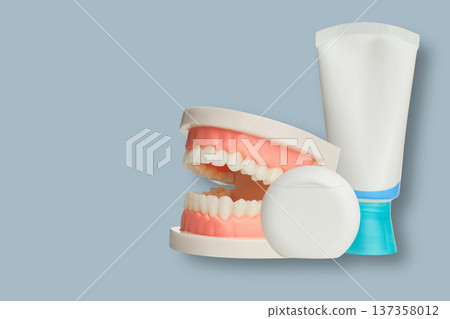 A dental model shows teeth with toothpaste and mouthwash nearby A dental model shows teeth with toothpaste and mouthwash nearby 137358012