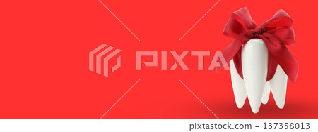 Tooth-shaped object with a red bow on a red surface 137358013
