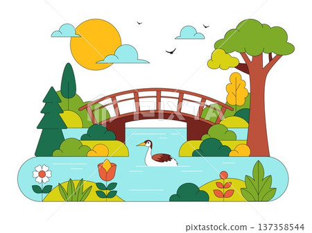 River Landscape Vector Illustration featuring Mountain View, Green Fields, Trees, And Forest Surrounding The River In Flat Cartoon Background River Landscape Vector Illustration featuring Mountain View, Green Fields, Trees, And Forest Surrounding The River In Flat Cartoon Background 137358544
