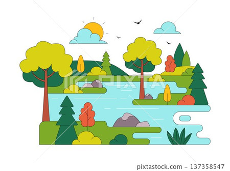 River Landscape Vector Illustration featuring Mountain View, Green Fields, Trees, And Forest Surrounding The River In Flat Cartoon Background River Landscape Vector Illustration featuring Mountain View, Green Fields, Trees, And Forest Surrounding The River In Flat Cartoon Background 137358547