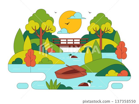 River Landscape Vector Illustration featuring Mountain View, Green Fields, Trees, And Forest Surrounding The River In Flat Cartoon Background River Landscape Vector Illustration featuring Mountain View, Green Fields, Trees, And Forest Surrounding The River In Flat Cartoon Background 137358550