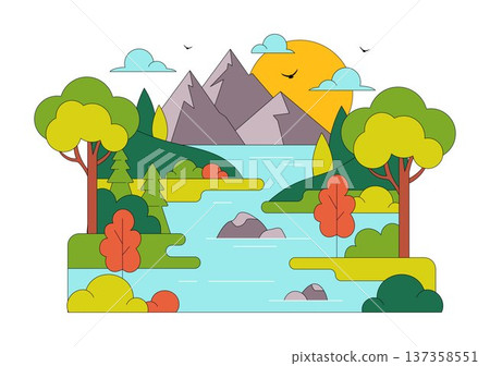 River Landscape Vector Illustration featuring Mountain View, Green Fields, Trees, And Forest Surrounding The River In Flat Cartoon Background River Landscape Vector Illustration featuring Mountain View, Green Fields, Trees, And Forest Surrounding The River In Flat Cartoon Background 137358551