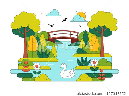 River Landscape Vector Illustration featuring Mountain View, Green Fields, Trees, And Forest Surrounding The River In Flat Cartoon Background 137358552
