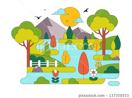 River Landscape Vector Illustration featuring Mountain View, Green Fields, Trees, And Forest Surrounding The River In Flat Cartoon Background River Landscape Vector Illustration featuring Mountain View, Green Fields, Trees, And Forest Surrounding The River In Flat Cartoon Background 137358553
