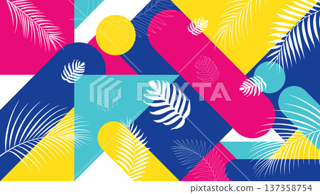 Tropical abstract background summer bold memphis style geometry and exotic white botanical foliage on bright multicolored pattern trendy wallpaper 137358754
