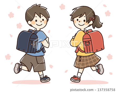 Illustration of an elementary school student carrying a school bag 137358758