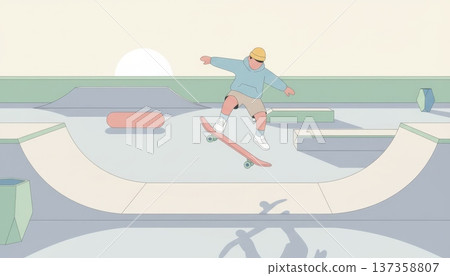 Boy Riding Skateboard on Concrete Plaza Boy Riding Skateboard on Concrete Plaza 137358807