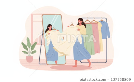 Woman Trying Clothes in Front of Mirror 137358809