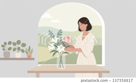 Woman Arranging Flowers in Vase Woman Arranging Flowers in Vase 137358817