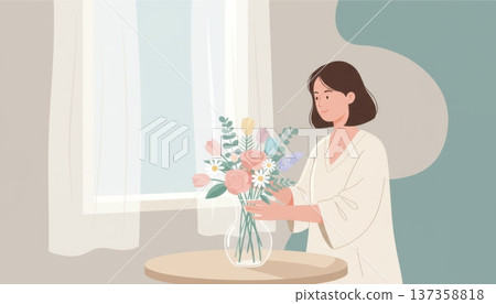 Woman Arranging Flowers in Vase Woman Arranging Flowers in Vase 137358818