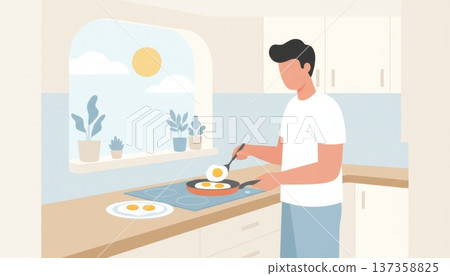 Man Cooking Fried Egg in Morning Kitchen 137358825