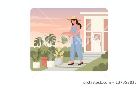 Woman Watering Plants in Front Garden 137358835