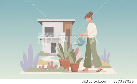 Woman Watering Plants in Front Garden Woman Watering Plants in Front Garden 137358836