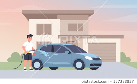 Man Washing Car in Front of House 137358837