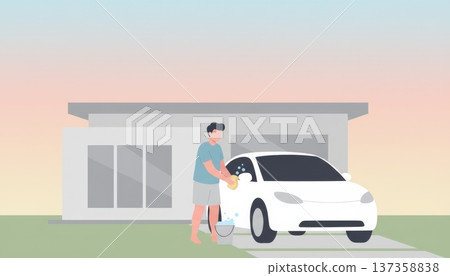 Man Washing Car in Front of House 137358838
