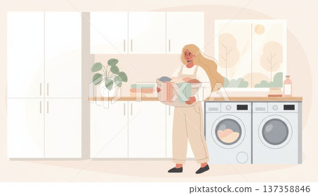 Woman Doing Laundry in Laundry Room 137358846