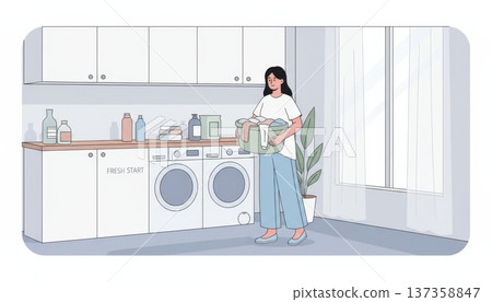 Woman Doing Laundry in Laundry Room Woman Doing Laundry in Laundry Room 137358847