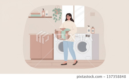Woman Doing Laundry in Laundry Room Woman Doing Laundry in Laundry Room 137358848