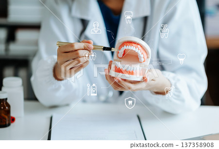 Professional dentist showing dental care and oral hygiene using a tooth model. Ideal for concepts of dental health, education, implant, anatomy, and healthcare. 137358908