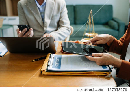 Business and Male lawyer or judge consult having team meeting with client, Law and Legal services 137358978