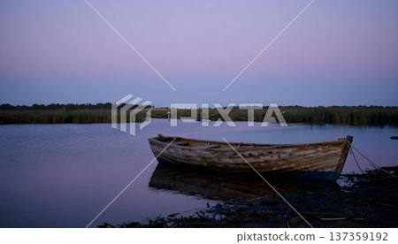 A boat rests on the shore of a lake, surrounded by wetlands rich in biodiversity and cultural heritage A boat rests on the shore of a lake, surrounded by wetlands rich in biodiversity and cultural heritage 137359192