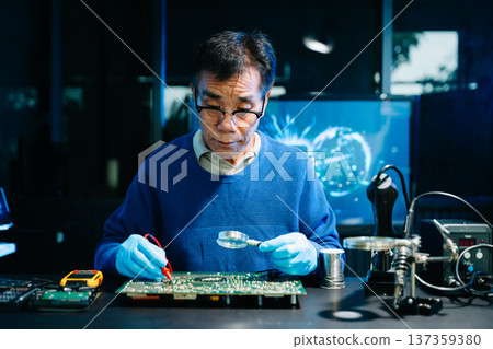 Professional electronics engineer testing a circuit board in a modern laboratory, concept of technology, repair, innovation, engineering Professional electronics engineer testing a circuit board in a modern laboratory, concept of technology, repair, innovation, engineering 137359380