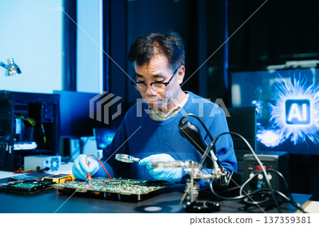 Professional electronics engineer testing a circuit board in a modern laboratory, concept of technology, repair, innovation, engineering 137359381