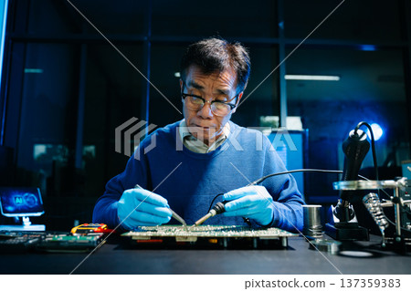 Professional electronics engineer testing a circuit board in a modern laboratory, concept of technology, repair, innovation, engineering Professional electronics engineer testing a circuit board in a modern laboratory, concept of technology, repair, innovation, engineering 137359383