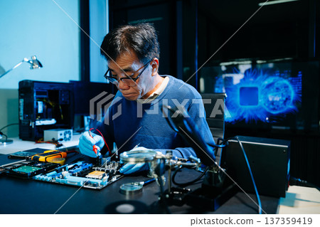 Electronics engineer repairing circuit board in laboratory. Technology, hardware repair, engineering, innovation, diagnostics, and professional technician concept. Electronics engineer repairing circuit board in laboratory. Technology, hardware repair, engineering, innovation, diagnostics, and professional technician concept. 137359419