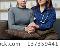 Compassionate Care. Healthcare professional holding hands with distressed patient during consultation. 137359441