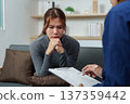 Mental Health Consultation. A concerned woman discusses her health summary with a professional. 137359442