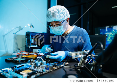 Expert soldering a green PCB board using precision tools. Ideal for electronics, circuit repair, engineering, tech Expert soldering a green PCB board using precision tools. Ideal for electronics, circuit repair, engineering, tech 137359460