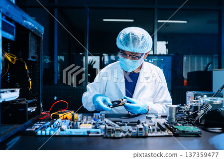 Professional electronics technician repairing computer motherboard in modern lab. Hardware engineering, cybersecurity, data technology, server maintenance 137359477
