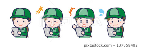 A female "delivery worker" using a tablet 137359492